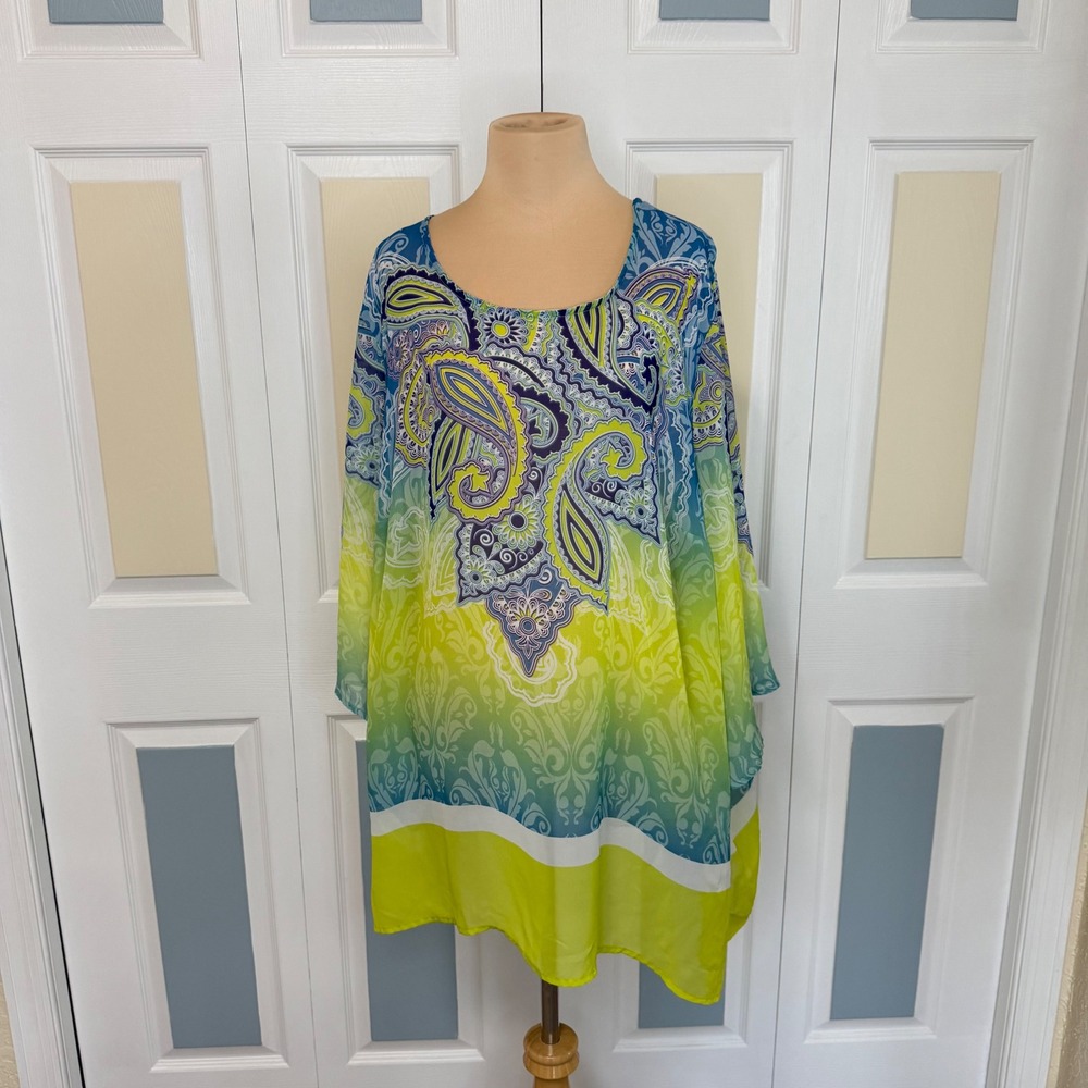 Maggie Barnes Catherines 2X 22/24W Paisley Ombre Chiffon Poncho Blouse Blue Lime